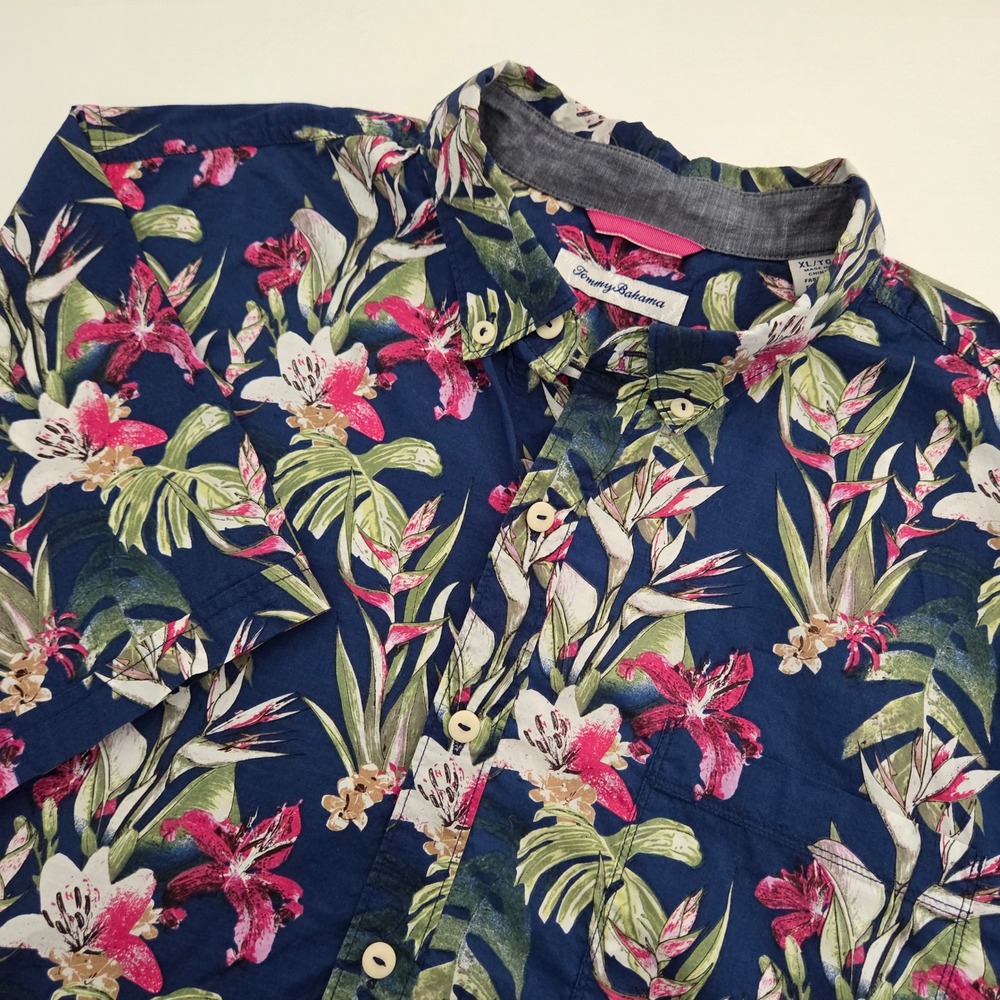 Tommy Bahama Button Down Shirt Navy Blue Tropical‎ Floral Print Cotton Mens XL